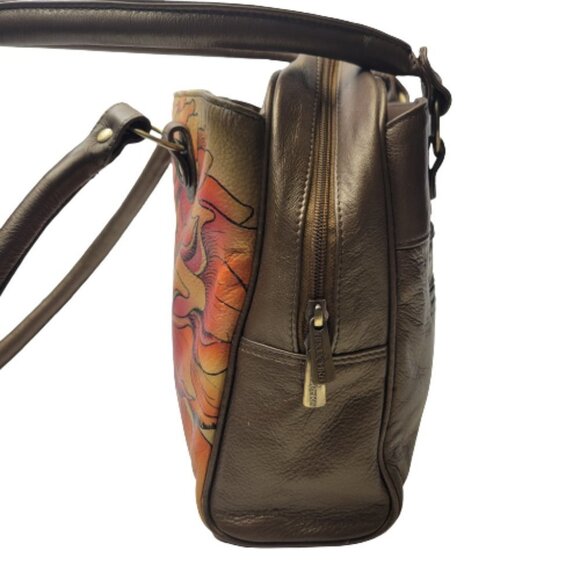 Anuschka Leather Handbag Bronze Gold Handpainted Triple Compartment Handbag - Picture 13 of 16